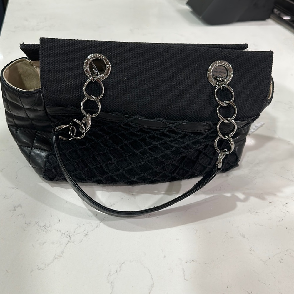 Vintage CC Chanel chain Tote canvas with quilted lambskin medium